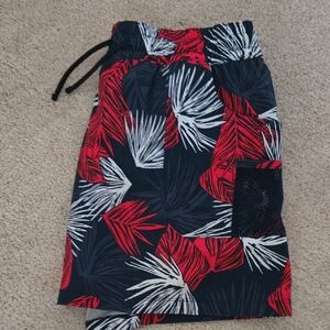 Columbia Red and Black Leaf Pattern Swim Shorts